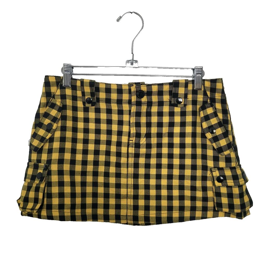 Y2k Abbey Dawn Plaid Gingham Cargo Mini Skirt Size 5 Yellow Emo Punk Grunge Edgy
